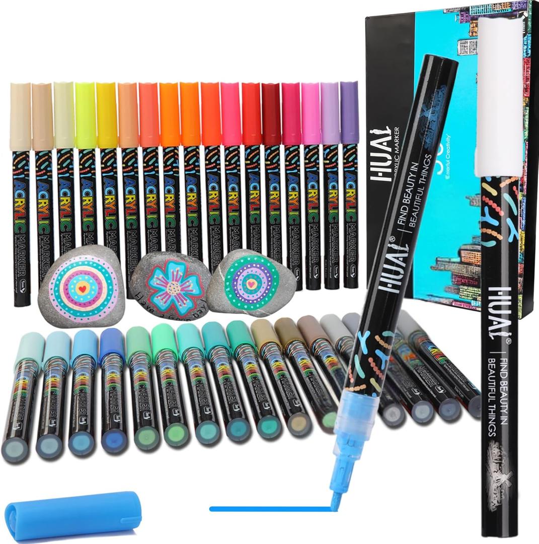 2 x HUAL 36 Acrylic Paint Markers Set 1mm Fine Tip, 36 Vibrant Colors Waterproof, Professional Non-Toxic Ink, Valve-Controlled for Rock, Wood, Glass, Canvas, DIY Art & Professional Crafts