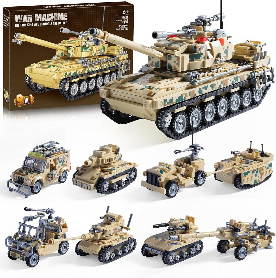 1176-Piece Military Tank Building Blocks Set Compatible with Lego, Create A Large Army Tank or 8 Sets of Military Models, Great Army Toys Gifts for Boys Kids Age 6+ Year Old