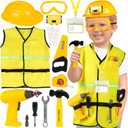 Construction Worker Costume for Kids, Toddler Dress Up Clothes with Kids Tool Set, Construction Vest & Hat, Helmet Light, Electric Drill, Toddler Costumes Pretend Play Toys for Boys Gift Age 4+
