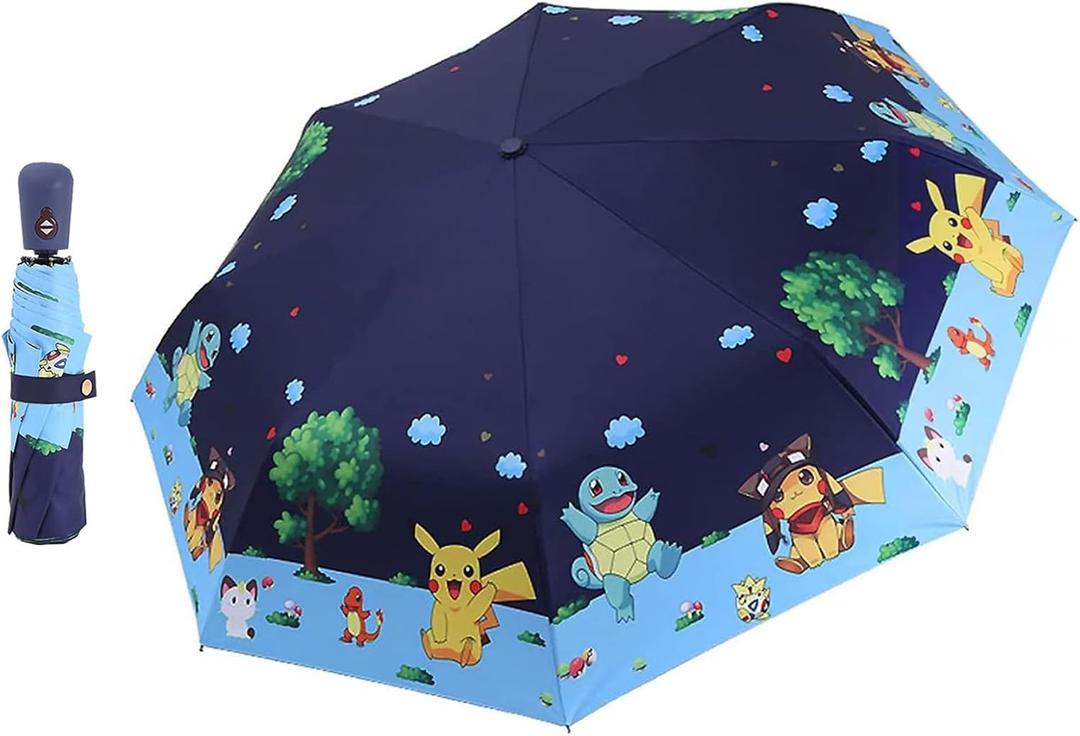 Kids Folding Umbrella- Automatic Open- Cartoon- UV Protection- Travel Umbrella Compact Windproof for Girls Boys Women (navy blue)
