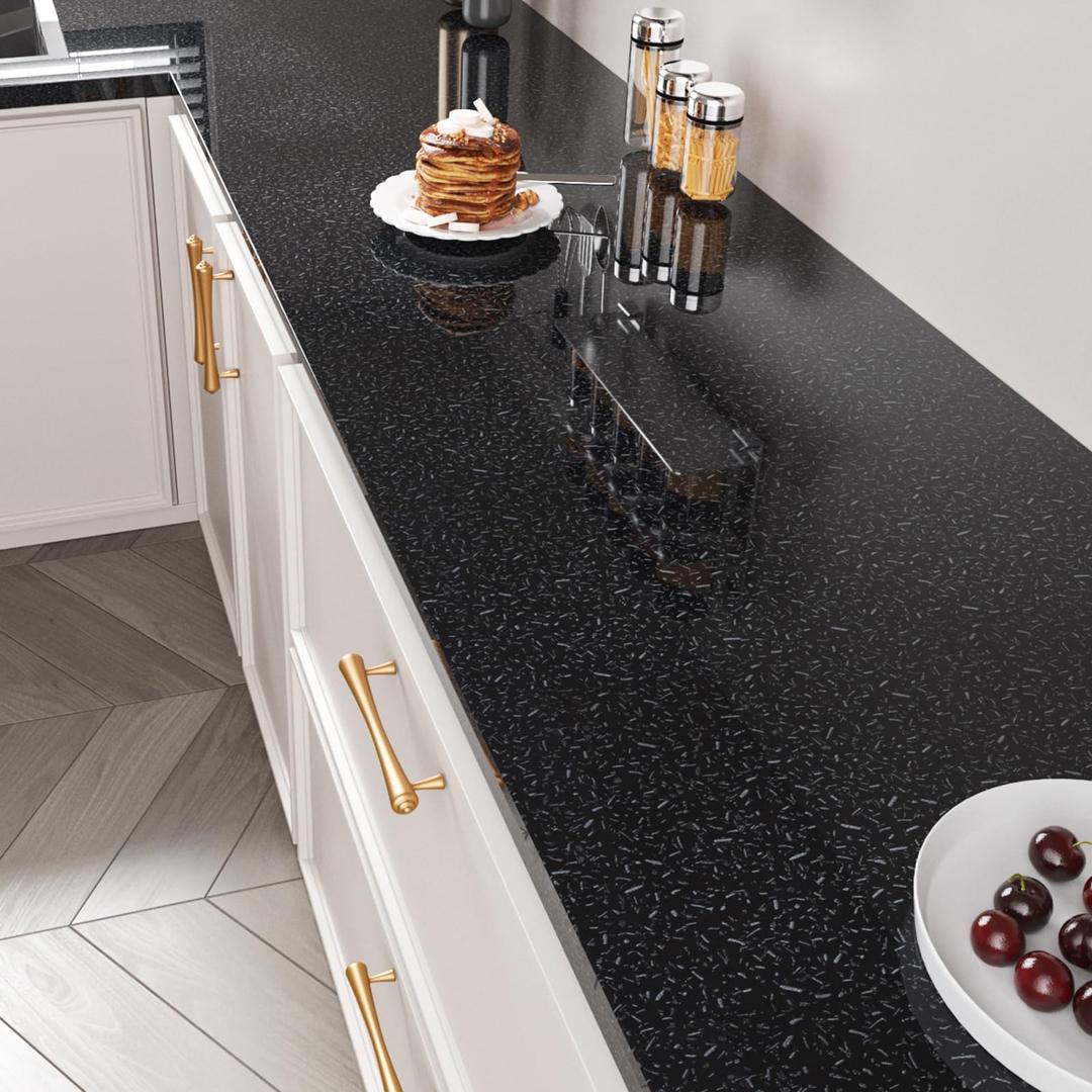 FANCYEASY Glossy Black Granite Contact Paper Peel and Stick Countertop Waterproof Self Adhesive Removable Marble Wallpaper for Kitchen Bathroom Granite Vinyl Wraps for Cabinets Table Desk 15.7"x118"