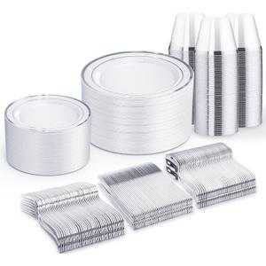 WELLIFE 450 PCS Silver Disposable Dinnerware Set for 75 Guests, Wedding Plates Silver Plastic Plates for Party, Including 75 Dinner Salad Plates, Cups, Forks Knives Spoons for Wedding and Party