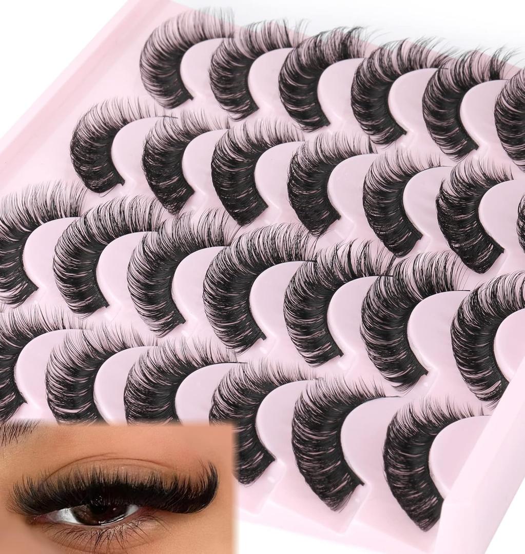 False Eyelashes Russian Strip Lashes Volume Fake Eyelashes Extension D-Curly Wispy Handmade Soft Reusable 14 Pairs Lashes Pack