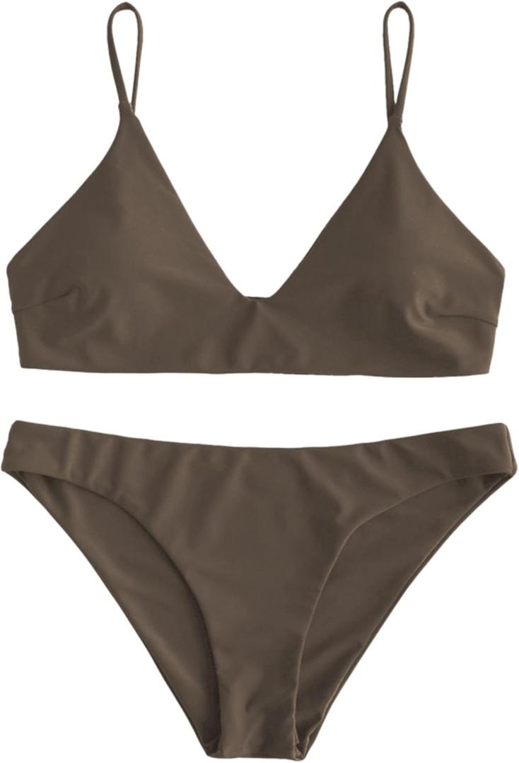 ZAFUL Women's Solid Spaghetti Strap Bralette Bikini Set Two Piece Swimsuit (1-Deep Coffee, XL)