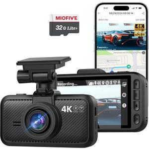Miofive Car Camera 4K Resolution, WiFi, Bluetooth, GPS Dash Cam, 3-Inch IPS Screen, Night Vision, Loop Recording, HDR, App Control, and Supports up to 512GB with a Free 32GB Card Included