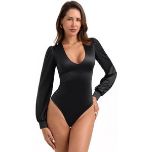 PINKMSTYLE Womens Sexy Satin Silk Plunge V Neck Puff Long Sleeve Bodysuit Going Out Outfit (Medium, Black)