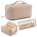 Vlando Makeup Bag,Gifts for Teachers,Large Capacity Toiletry Bag for Women Waterproof Portable Make up Pouch PU Leather Open Flat Cosmetic Bag(Toffee)