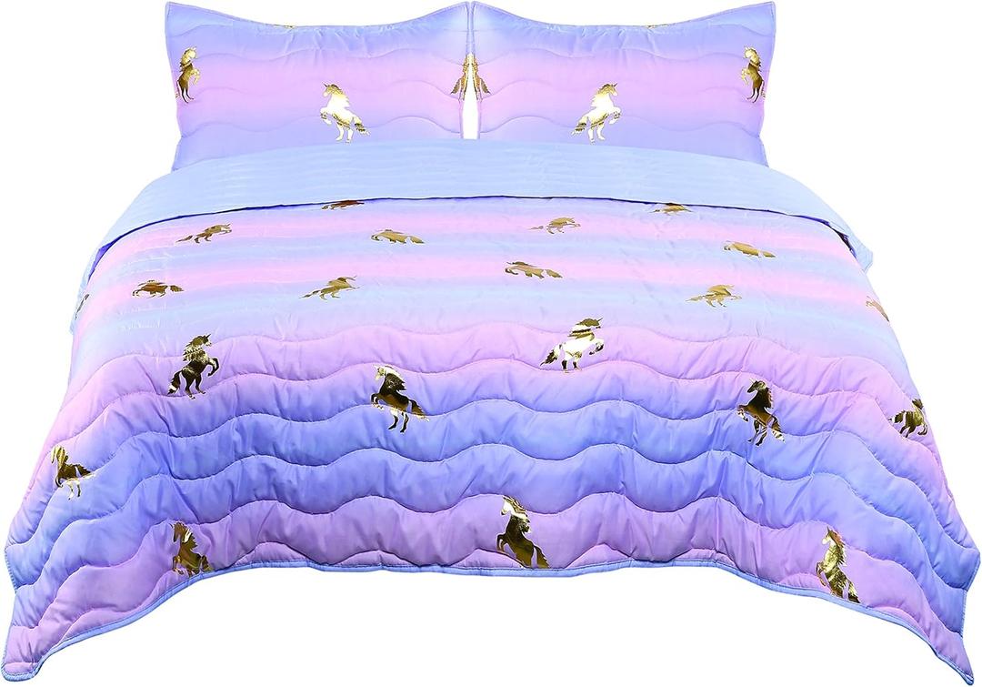 Tadpoles 3-Piece Girls Unicorn Quilt Set | 1 Twin Bed Size Quilt & 2 Standard Shams | Made of 100% Micro-Denier Polyester Fiber | Soft, Smooth & Durable | Ideal for Teens | Metallic Gold Unicorns (86x86 Inch (Pack of 1))