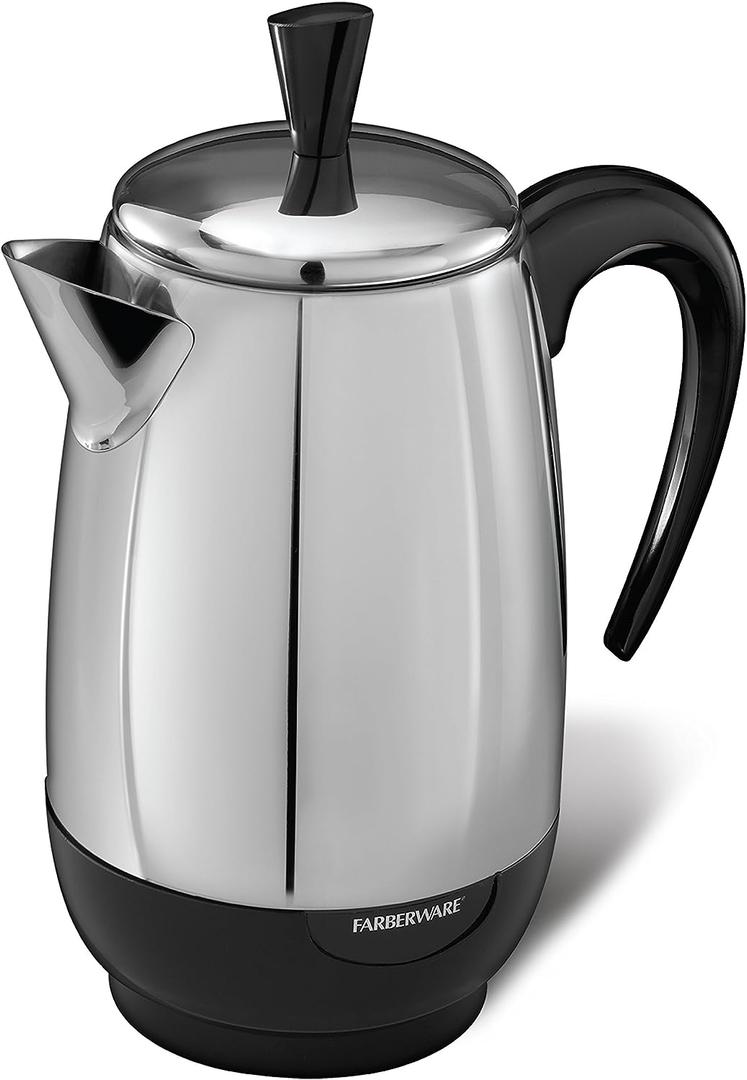 Farberware Electric Coffee Percolator, Stainless Steel Basket, Automatic Keep Warm, No-Drip Spout, 8 Cup