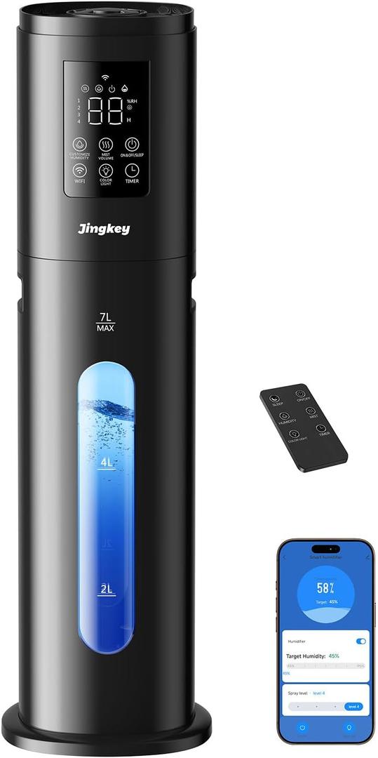 Humidifiers for Bedroom Large Room with 7L/1.85Gal Quiet Humidifiers, Smart App & Remote Control, 4 Mist Levels Cool Mist Humidifier for Home & Office (Charcoal)