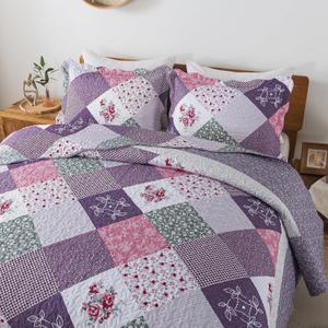 HoneiLife Queen Quilt Bedding Set - 3 Pieces Microfiber Quilt Sets Lightweight Bedspreads Reversible Coverlets Retro Bed Cover Floral Bedding Set All Season Quilts-Purple (Queen/Full-90"x96")