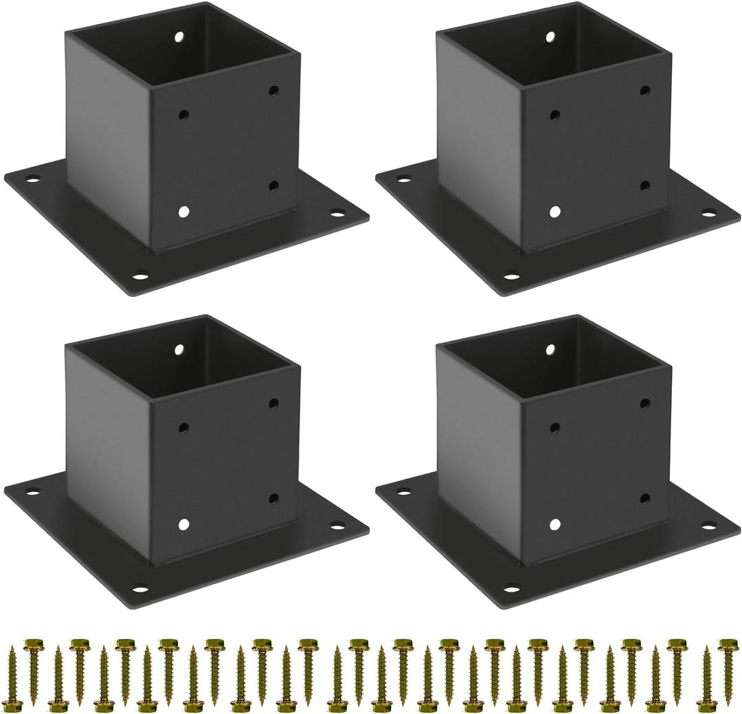 44 Post Base 4 Pcs,Deck Post Brackets,Inner Size 3.5"x3.5" Thick Steel Fence Post Anchor Base,Black Powder Coated Heavy Fence Post,for Supports Porch Railing Post Holders Pergola Brackets
