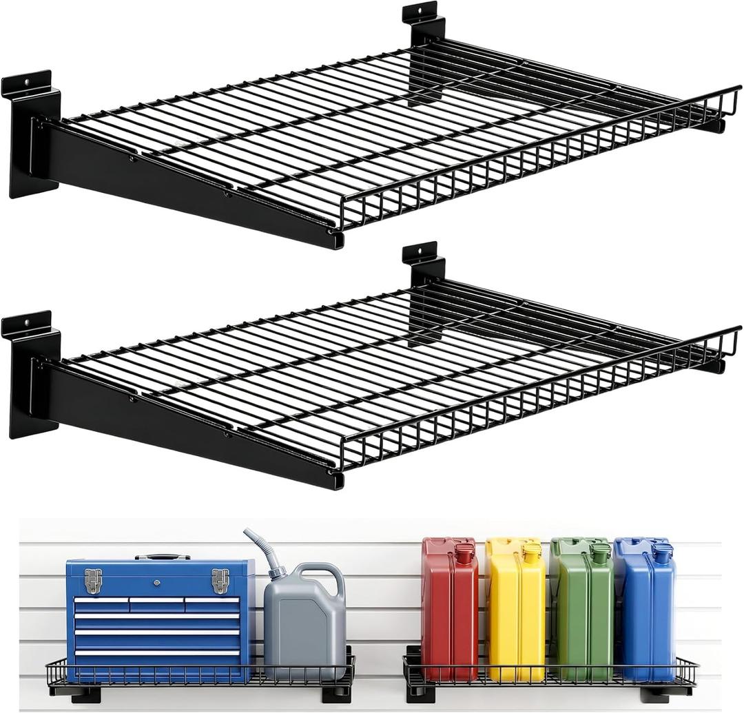 2 Pack 24 Inch Slatwall Wire Shelf 24X16.5 Inch, Heavy Duty Metal Slat Wall Wire Shelf 24inch for Garage, Retail, Home Storage, Workshop, Slatwall Accessories Storage Rack (2 Pack)