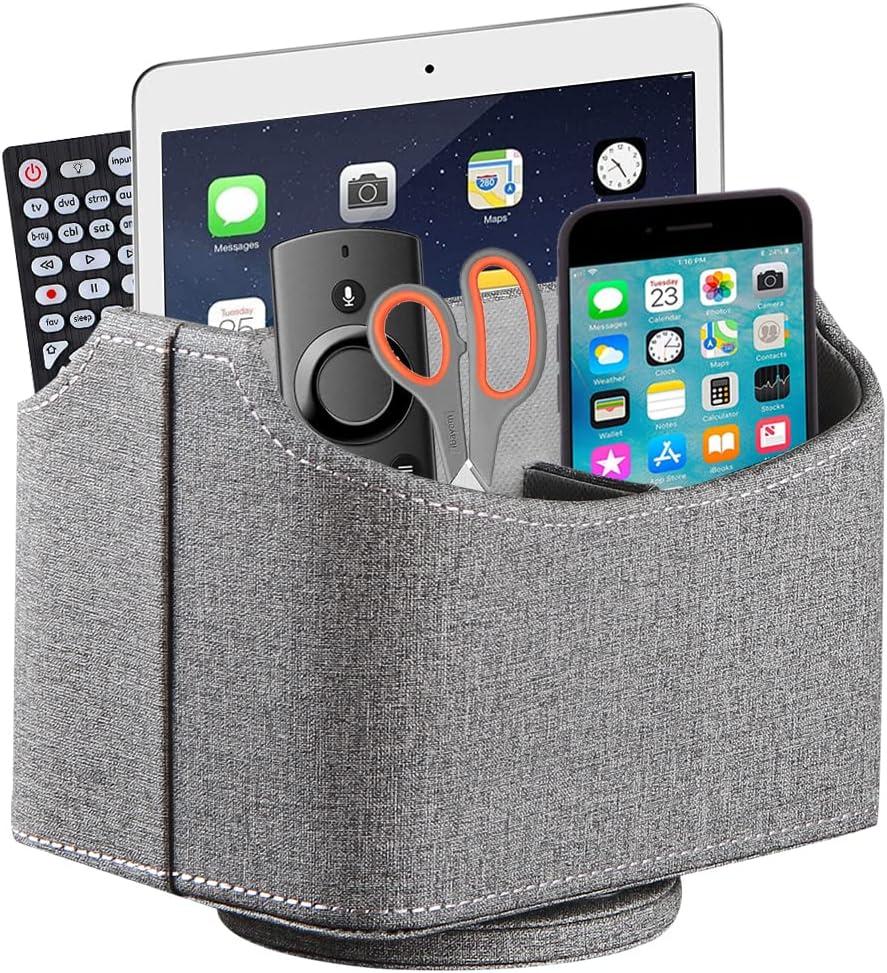 PU Leather Remote Control Holder,360 Degree Spinning Desk TV Remote Caddy, Desk Organizers and Accessories, for Controller, Media, Mail, Calculator, Mobile Phone, Pen Storage Holder (Gray Cloth)