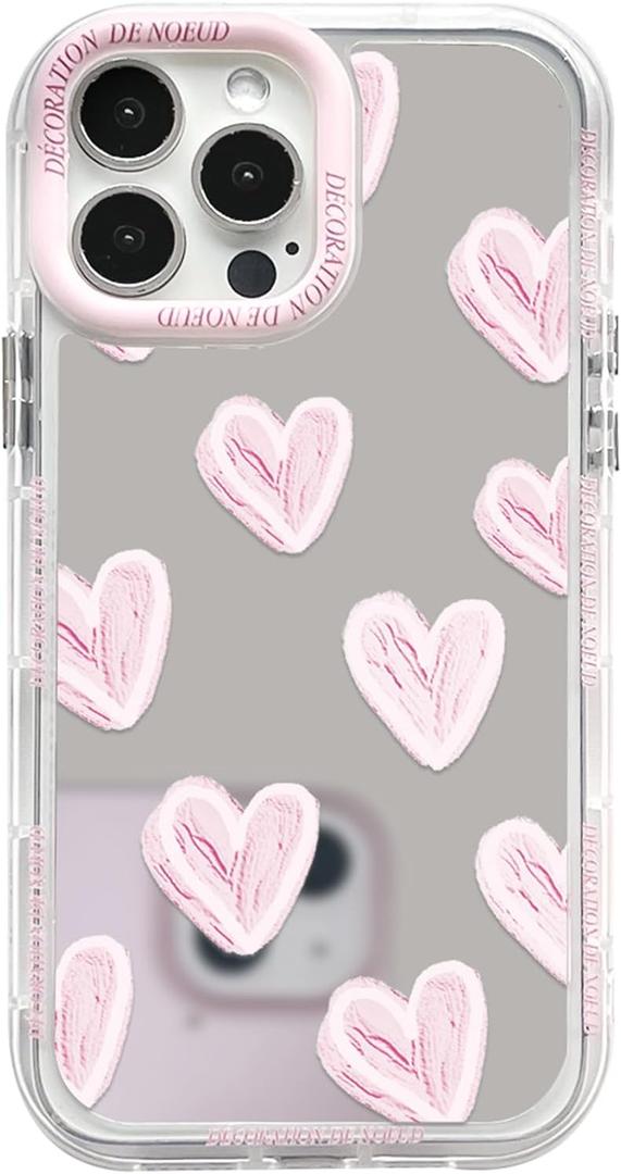 NITITOP Compatible with iPhone 13 Pro Max Case Cute Glossy Mirror Love Heart Pattern for Women Girls Pink Frame Design Shockproof Silver Protective Phone Cover - Pink Heart