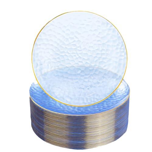 Rubtlamp 100 Pcs Clear Blue Gold Plastic Plates, Clear Hammered Plastic Plates, Blue Party Platos, Disposable Salad/Dessert Platos, 7-Inch Disposable Dessert/Appetizer Platos Perfect For Party
