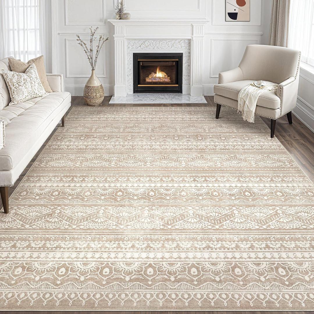 Tortania Area Rug Living Room Rugs - 7x9 Washable Large Soft Neutral Boho Moroccan Bohemian Farmhouse Rug Indoor Floor Carpet for Bedroom Under Dining Table Home Office Decor - Light Brown