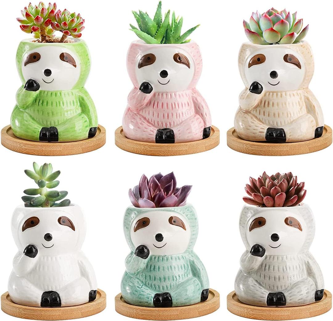 Okllen 6 Pack Sloth Planter with Bamboo Tray, Ceramic Small Succulent Planter Cute Animal Planters Pots, Cactus Flower Pot Container Sloth Gifts for Air Plant, Plant Lover, Indoor Outdoor, 6 Colors