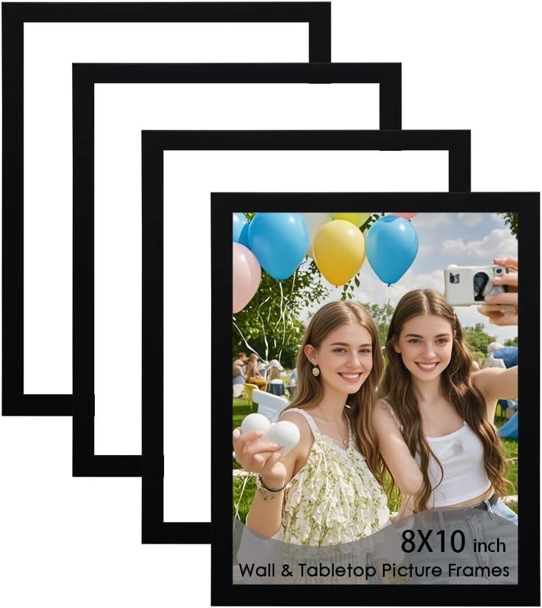 Picture Frame Set of 4, Natural Wood Photo Frame Display Pictures with Plexiglass for Tabletop Horizontal or Vertical Display (Black 8x10 inch)
