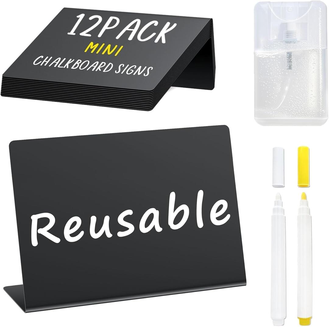 PigPotParty 12 Pcs Food Labels for Party Buffet w/Cleaning Spray, 4"x3" Mini Chalkboard Signs for Food Display, Table Place Cards - Name Tags- Small Chalk Board Signs, w/ 2 Markers