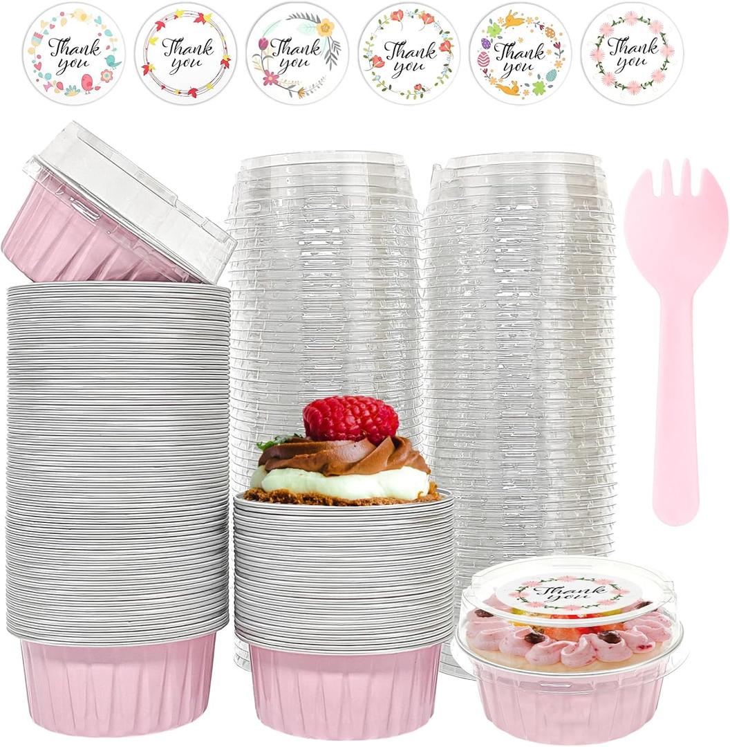 100 PCS Aluminium Foil Baking Cups, Mini Cake Pans with Lids and 100 PCS Spoons, 5 oz Disposable Baking Cups Foil Ramekins For Party Birthday Wedding Valentines (Pink)