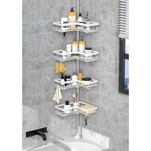 KEGII Corner Shower Caddy Tension Pole - Shower Tension Rod Organizer, Floor to Ceiling Shower Caddy 25-114.2 inch, Bathroom Rack Corner Waterproof, Pure White