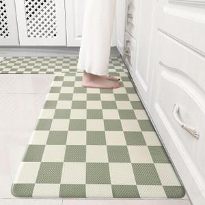 Beige Sage Checkered Grid Checkerboard Kitchen Rug Sets [2 PCs], Anti-Fatigue, Waterproof Non-Slip Kitchen Mats Heavy Duty Comfort Foam Rug for Kitchen, Floor, Laundry,17"x29"+17"x47"