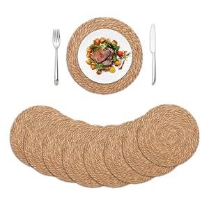 Round Woven Placemats Set of 8, 13.7 Inch Boho Farmhouse Rattan Placemats Rustic Braided Wicker Table Place Mats Chargers for Dinner Plates