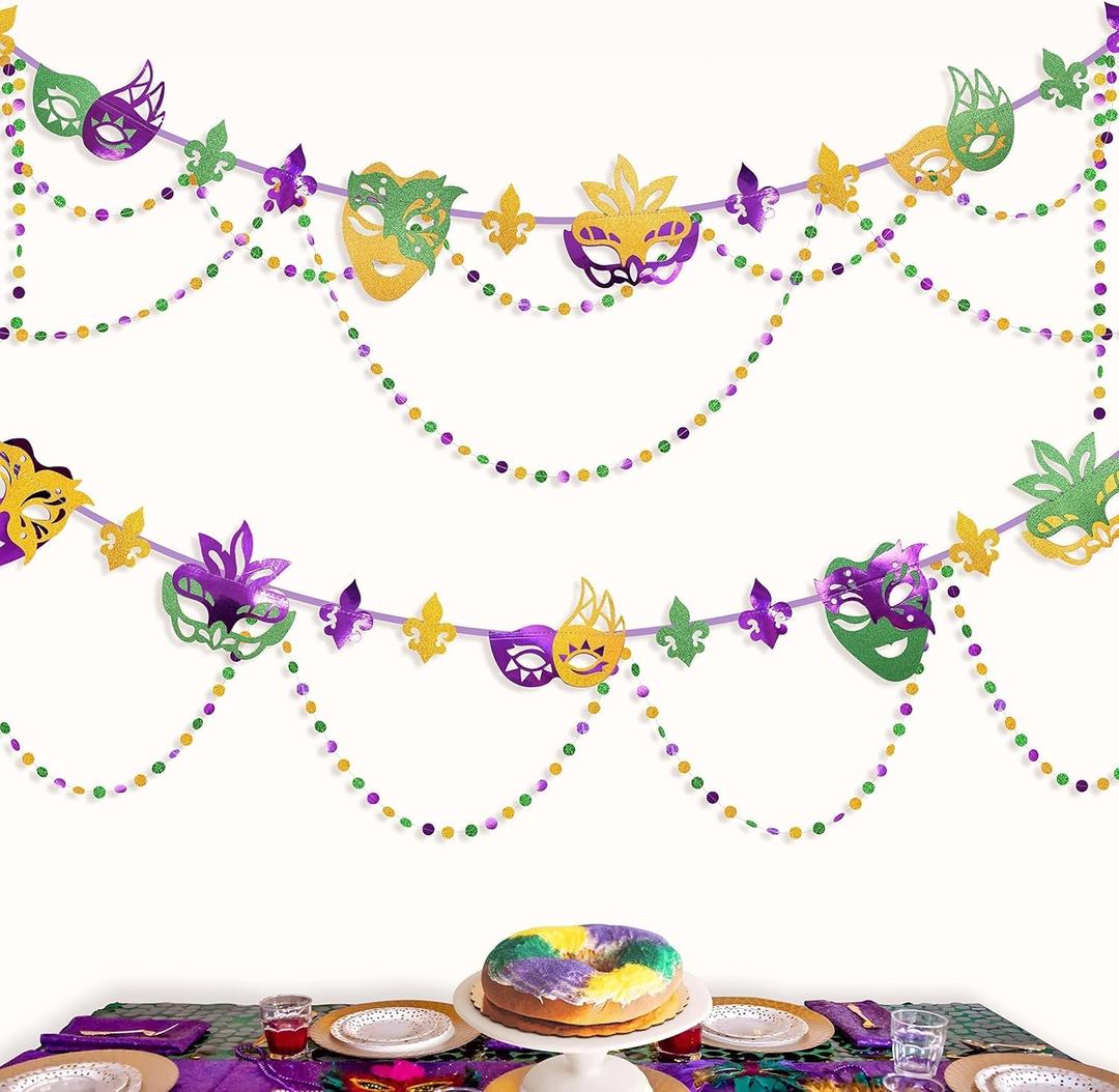 Cheerland Green Purple Gold Mardi Gras Mask Banner Paper Bead Garland Set for Mardi Gras Theme Party Decorations Triangle Flag Bunting for Fat Tuesday Party Supplies Carnival New Orleans Party Decor