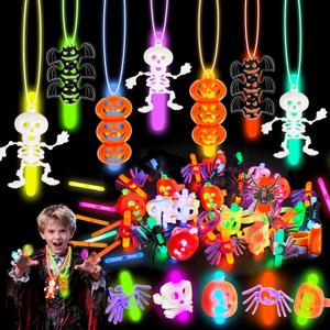 124 Pcs Halloween Party Favors Bulk - 50 LED Rings and 12 Light Up Necklaces with 62 Glow Sticks- Halloween Glow in the Dark Party Supplies Toy Gifts, Goodies Bag Fillers, Party Favors for Boys Girls