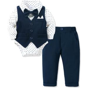 YALLET Baby Boy Clothes Suit 0-24 Months Infant Gentleman Outfits Formal Dress Shirt+Bowtie+Vest+Pants Set Baby Wedding Suits (6-12 Months, Navy Blue)