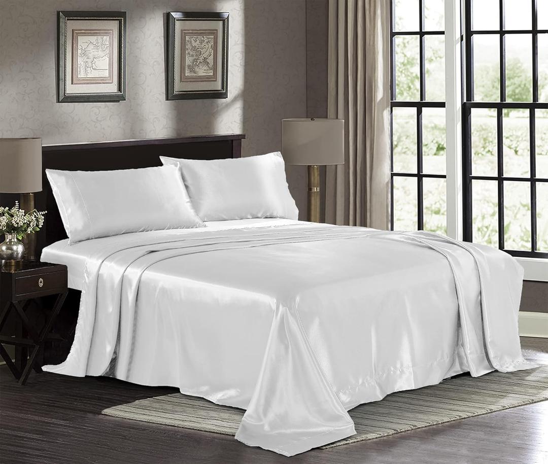 Pure Bedding Satin Sheets Full [4-Piece, White] Hotel Luxury Silky Bed Sheets - Extra Soft 1800 Microfiber Sheet Set, Wrinkle, Fade, Deep Pocket Fitted Sheet, Flat Sheet, Pillow Cases