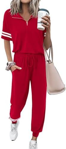 MASCOMODA 2 Piece Outfits for Women 2025 Summer Casual Quarter Zip Short Sleeve Tops Long Pants Tracksuit Jogger Lounge Sets, M, Red