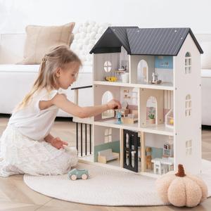 Wooden Dollhouse for Kids, 6-Room Modern Style Toy Doll House Playset with 26 Furniture & Functional Doors, 1:12 Scale Open Plan Dollhouse Designed for 4-6 Inch Dolls, STEM Creative Gift for Ages 3+