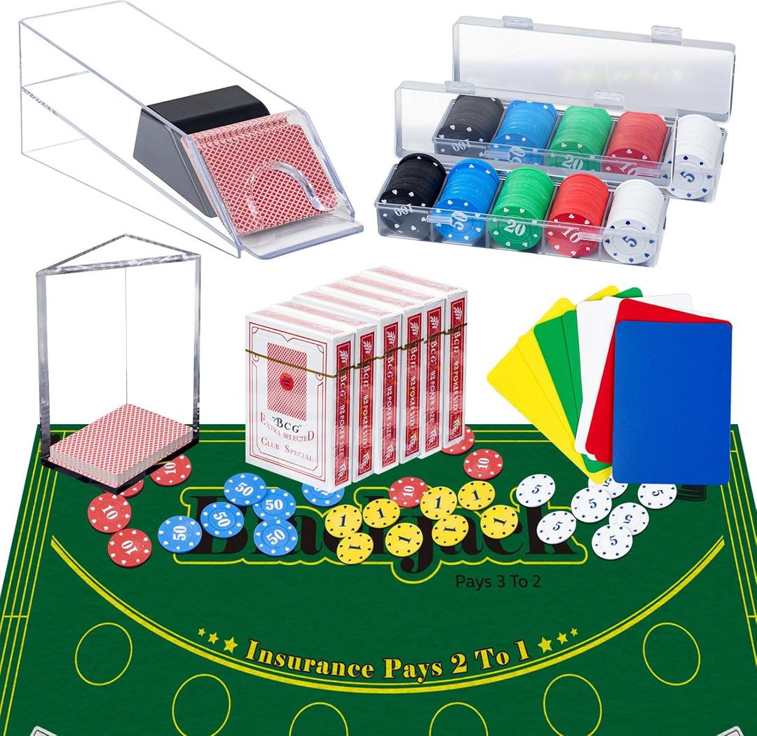Entertainment Casino Game Set,Blackjack,Texas Hold'em,Poker Card Kit with Card Dealing Shoe,Discard Tray,200 Chips,6 Deck Card,Double-sided feltGreen,10 Cut Cards,Poker Set,Blackjack Table Set