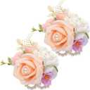 Wrist Corsage and Boutonniere Set, Artificial Rose Corsage Wristlet and Boutonniere for Wedding Prom Party (Champagne, 2pcs Wrist Corsage)