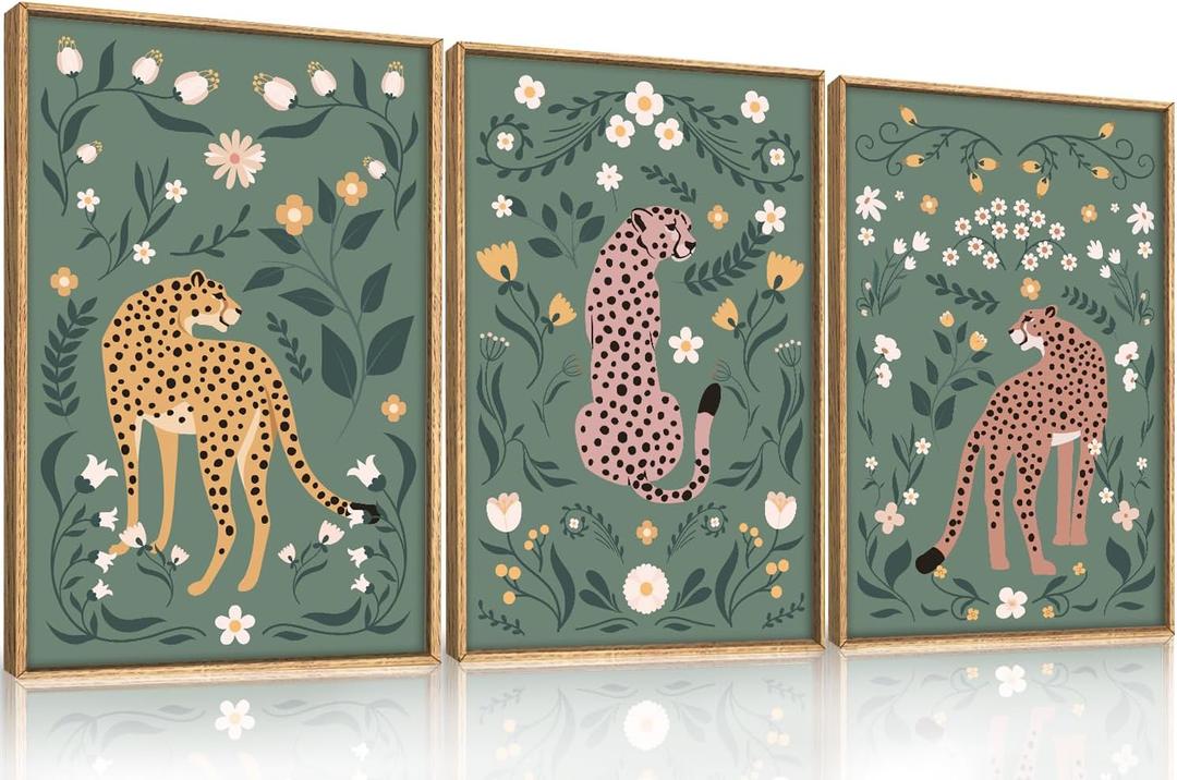 KAIRNE Cartoon Cheetah Framed Canvas Wall Art Set, Modern Leopard Wall Decor, Floral Botanical Leaves Wall Painting, Boho Cat Animal Art Print for Preppy Room, Living Room, Bedroom - 16"x24"x3