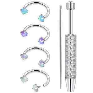 Rmsnxnnz 16G Horseshoe Septum Nose Ring Piercing Jewelry Stainless Steel Internal Thread Circular Barbell Daith Rook Earring Snake Bite Lip Ring Piercing Jewelry for Women Men 16 Gauge Opal Silver