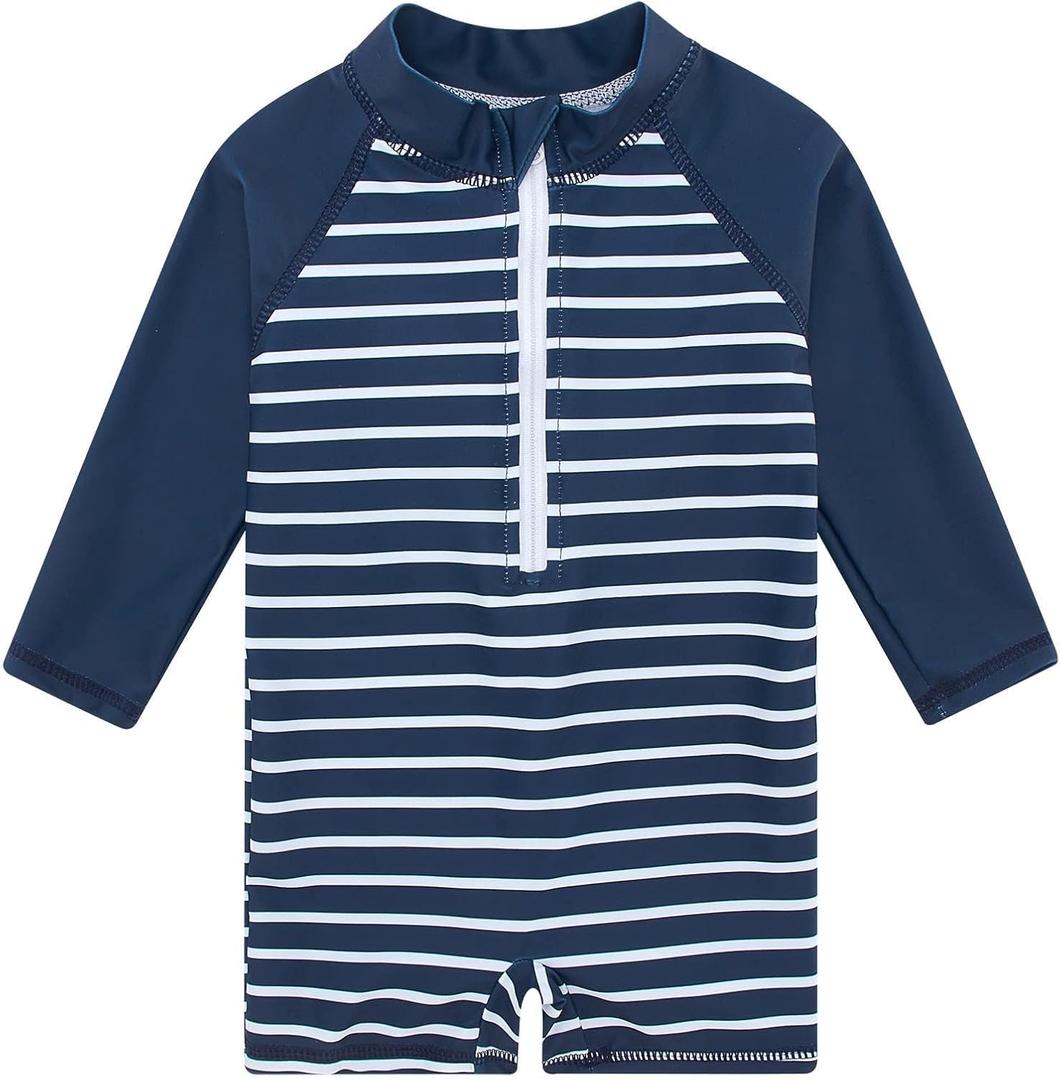 uideazone Baby Toddler Boys Zipper Rash Guard Swimsuit UPF 50+ One Piece Beach Swimwear Bathing Suits 3-36 Months (12-18 Months, Navy Blue Stripe)