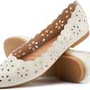 FRACORA Women's Ballet Flats Black PU Leather Dress Shoes Comfortable Round Toe Slip on Flats with Breathable Eyelets (8, Beige)
