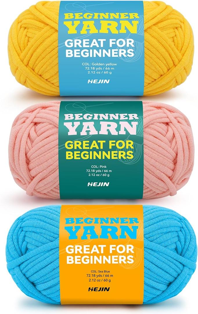 3x60g Yellow+Pink+Blue Yarn for Crocheting and Knitting;3x66m (72yds) Cotton Yarn for Beginners with Easy-to-See Stitches;Worsted-Weight Medium #4;Cotton-Nylon Blend Yarn for Beginners Crochet Kit (3 Pack-Mixed, Rosy Petals)