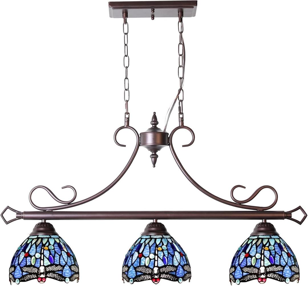 Capulina Tiffany Lamp Stained Glass Pool Table Light 3-Lights 7 Inches Wide Antique Blue Dragonfly Tiffany Style Chandelier Pendant Light for Kitchen Island Dining Room Billiards Room Farmhouse