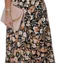 BLENCOT Womens Casual Boho Floral Printed V Neck Short Sleeve Long Evening Dress Ruched Cocktail Party Maxi Wedding Dress (Large, Black 102)