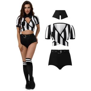 Spooktacular Creations 4Pcs Halloween Women Referee Costum, Black and White Striped Ref Shirt Halloween Costume Cosplay Party (Large)
