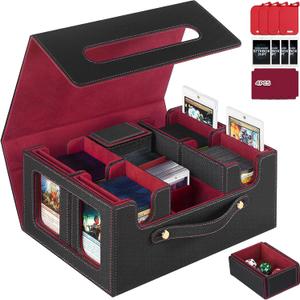 Trading Card Storage Box for MTG, MTG commander deck boxMulti-purpose Deck Case for MTG TCG Sports Card, 4 Toploaders, 4 Stoppers, 4 Colorful Dividers (Black & Red)