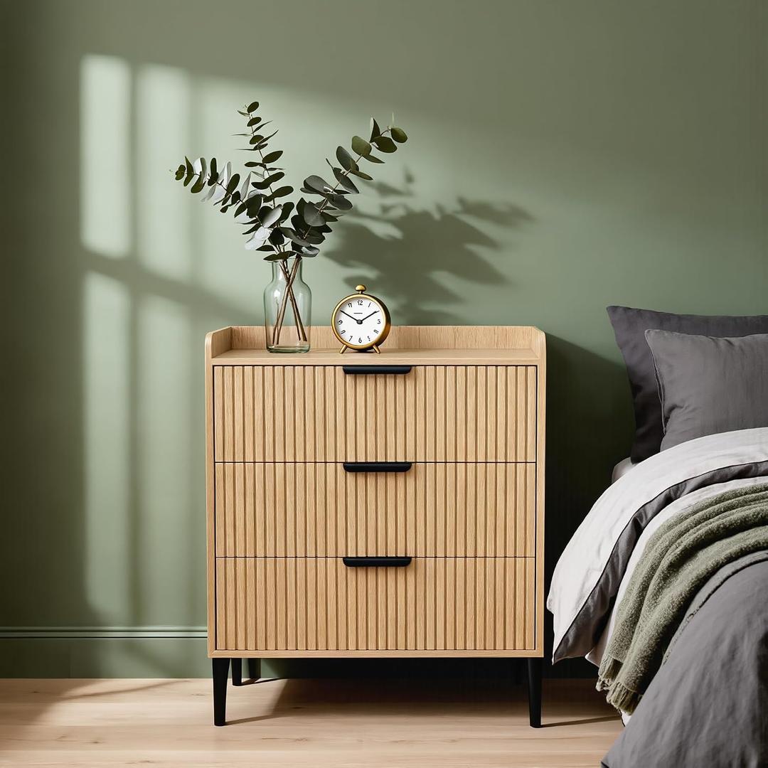 Fluted 3 Drawer Nightstand, Modern Bedside Table with Storage Drawers, Night Stand Dresser for Bedroom and Living Room, Natural