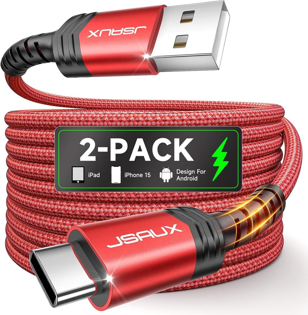JSAUX USB C Cable [2-Pack 6.6ft], USB A to USB Cord Fast Charging for iPhone 17e, iPhone 17, iPhone Air, iPhone 17 Pro Max, iPhone 16/iPhone 15 Series, Samsung S20 S10, Note 20 10, Car Play - Red