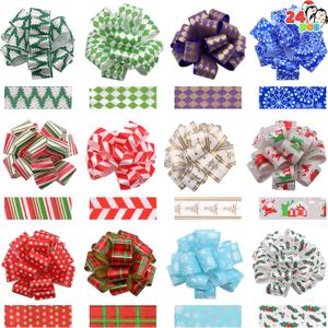 JOYIN 24 Present Wrap Ribbon Pull Bows 5", Easy and Fast Gift Wrapping Accessory for Christmas Bows Baskets Bottles Gifts Decoration, Present Decor