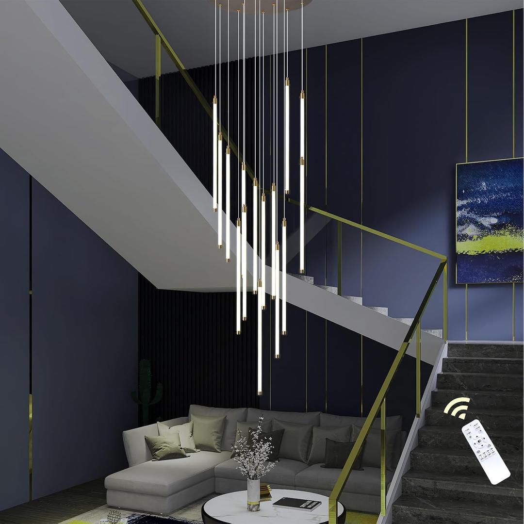 Siittoo 15-Light Modern Chandeliers for High Ceilings, Dimmable Led Foyer Chandelier with Remote Control, Long Pendant Light Fixture for Entryway Staircase