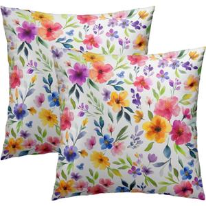 Watercolor Floral Throw Pillow Cover 18x18 Inch Pack of 2 Spring Farmhouse Cushion Pillow Case Square Pink and White Colorful Flowers Pillowcase for Spring Party Bed Sofa Home Car Bedroom Outdoor